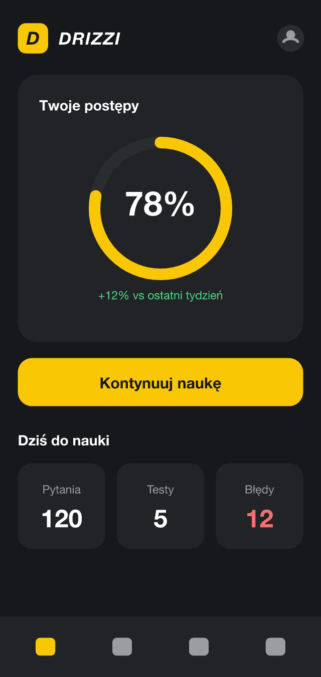 Aplikacja DRIZZI — ekran postępów nauki z wynikiem 78%